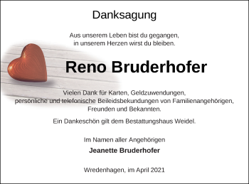 Traueranzeige von Reno Bruderhofer von Müritz-Zeitung