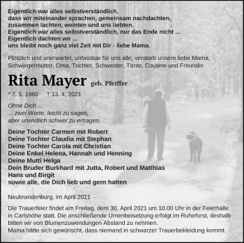 Traueranzeige von Rita Mayer von Neubrandenburger Zeitung