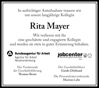 Traueranzeige von Rita Mayer von Neubrandenburger Zeitung