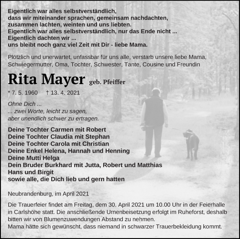  Traueranzeige für Rita Mayer vom 17.04.2021 aus Neubrandenburger Zeitung