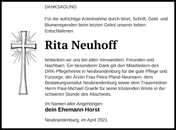 Traueranzeige von Rita Neuhoff von Neubrandenburger Zeitung