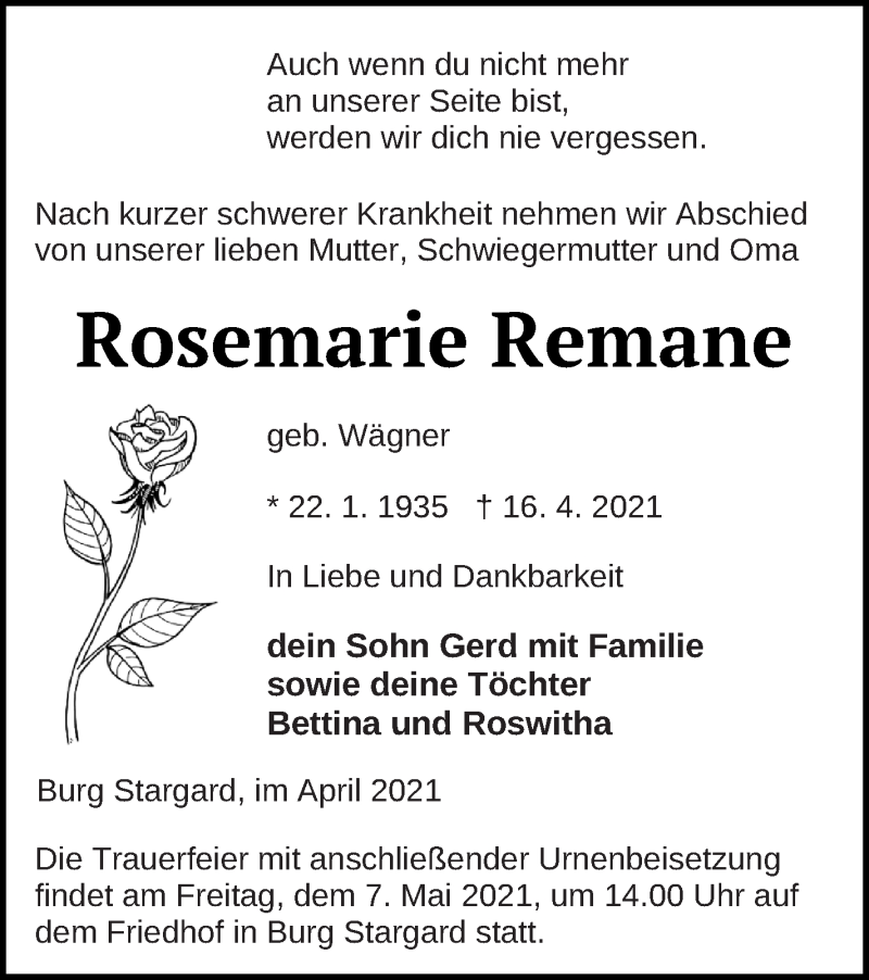  Traueranzeige für Rosemarie Remane vom 23.04.2021 aus Neubrandenburger Zeitung