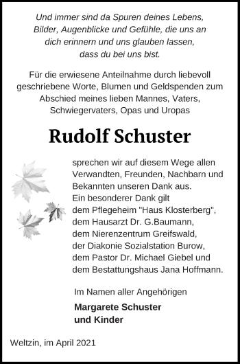 Traueranzeige von Rudolf Schuster von Neubrandenburger Zeitung