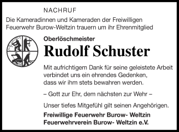 Traueranzeige von Rudolf Schuster von Treptower Tageblatt