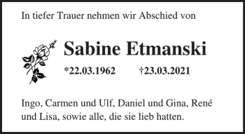 Traueranzeige von Sabine Etmanski von Norddeutsche Neueste Nachrichten