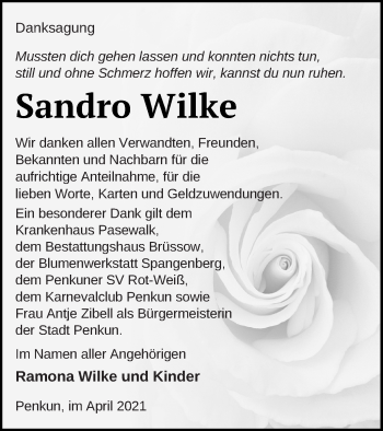 Traueranzeige von Sandro Wilke von Pasewalker Zeitung