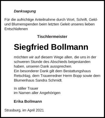 Traueranzeige von Siegfried Bollmann von Pasewalker Zeitung