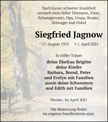 Traueranzeige von Siegfried Jagnow von Neubrandenburger Zeitung