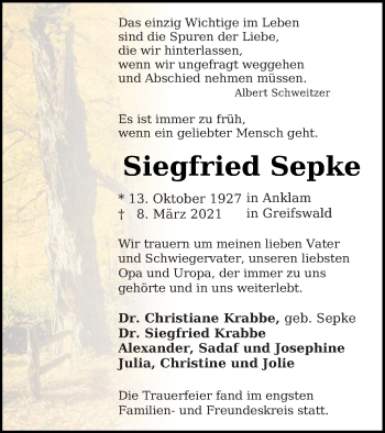 Traueranzeige von Siegfried Sepke von Vorpommern Kurier