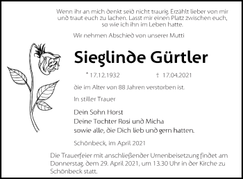 Traueranzeige von Sieglinde Gürtler von Strelitzer Zeitung