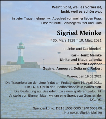 Traueranzeige von Sigried Meinke von Müritz-Zeitung