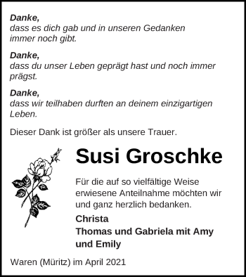 Traueranzeige von Susi Groschke von Müritz-Zeitung