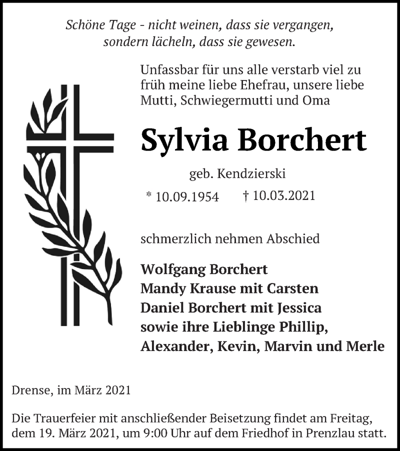  Traueranzeige für Sylvia Borchert vom 13.03.2021 aus Prenzlauer Zeitung