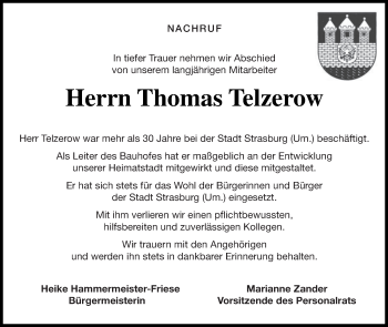 Traueranzeige von Thomas Telzerow von Pasewalker Zeitung