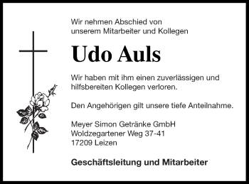 Traueranzeige von Udo Auls von Müritz-Zeitung