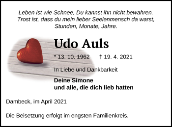 Traueranzeige von Udo Auls von Müritz-Zeitung