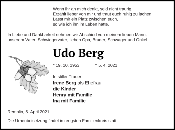 Traueranzeige von Udo Berg von Mecklenburger Schweiz