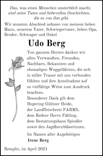 Traueranzeige von Udo Berg von Mecklenburger Schweiz