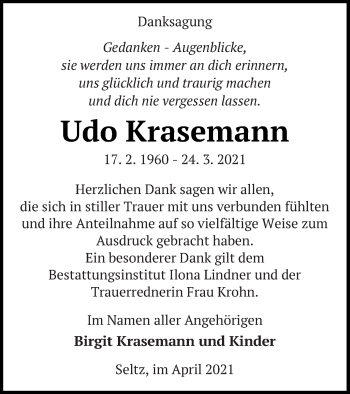 Traueranzeige von Udo Krasemann von Neubrandenburger Zeitung