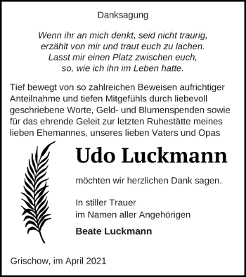 Traueranzeige von Udo Luckmann von Mecklenburger Schweiz