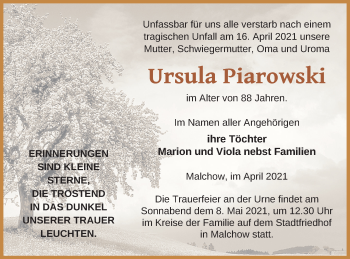 Traueranzeige von Ursula Piarowski von Müritz-Zeitung