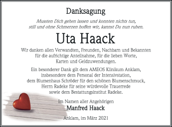 Traueranzeige von Uta Haack von Vorpommern Kurier