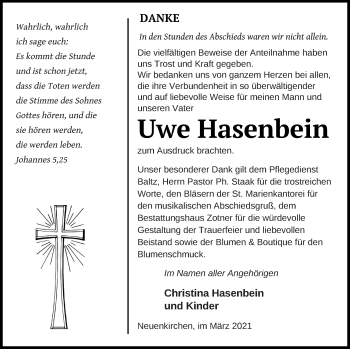 Traueranzeige von Uwe Hasenbein von Vorpommern Kurier