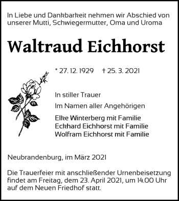 Traueranzeige von Waltraud Eichhorst von Neubrandenburger Zeitung