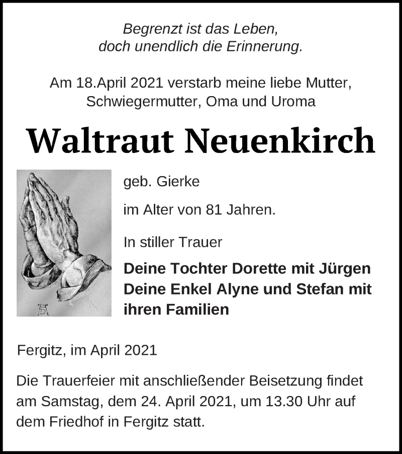  Traueranzeige für Waltraut Neuenkirch vom 21.04.2021 aus Templiner Zeitung
