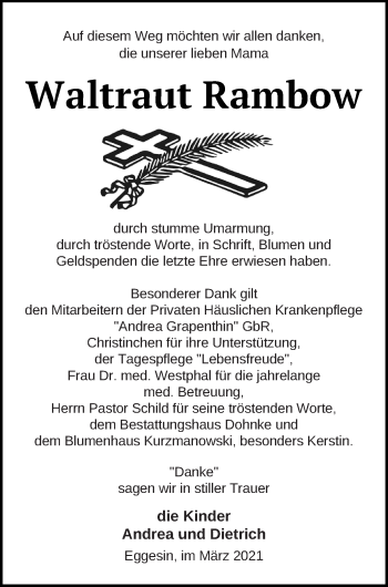 Traueranzeige von Waltraut Rambow von Haff-Zeitung