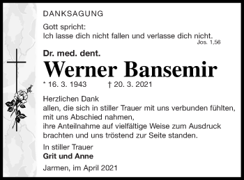 Traueranzeige von Werner Bansemir von Vorpommern Kurier