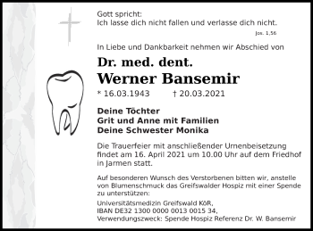 Traueranzeige von Werner Bansemir von Vorpommern Kurier