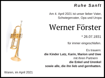 Traueranzeige von Werner Förster von Müritz-Zeitung