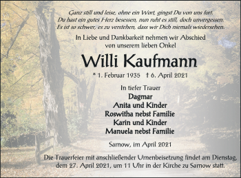 Traueranzeige von Willi Kaufmann von Vorpommern Kurier