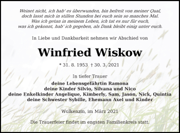 Traueranzeige von Winfried Wiskow von Vorpommern Kurier