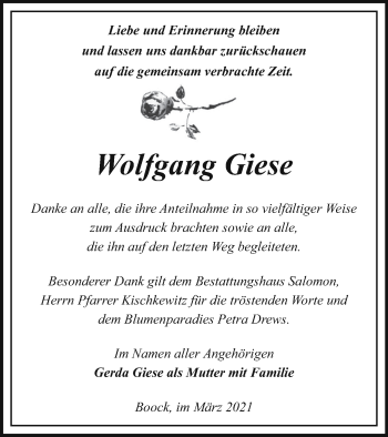 Traueranzeige von Wolfgang Giese von Pasewalker Zeitung