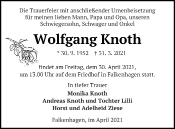 Traueranzeige von Wolfgang Knoth von Prenzlauer Zeitung