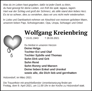 Traueranzeige von Wolfgang Kreienbring von Neubrandenburger Zeitung