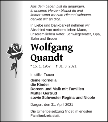 Traueranzeige von Wolfgang Quandt von Mecklenburger Schweiz