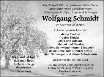 Traueranzeige von Wolfgang Schmidt von Haff-Zeitung