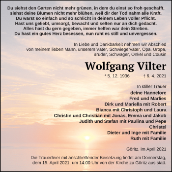 Traueranzeige von Wolfgang Vilter von Prenzlauer Zeitung