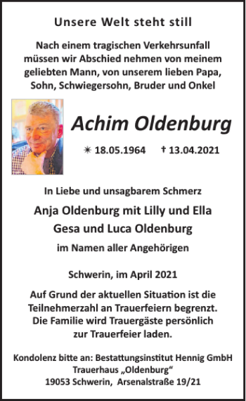 Traueranzeige von Achim Oldenburg von Zeitung für die Landeshauptstadt