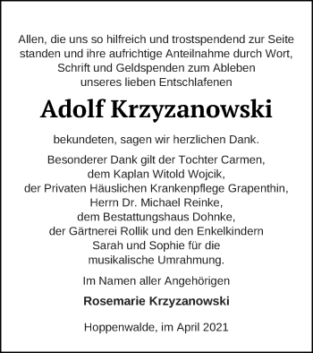 Traueranzeige von Adolf Krzyzanowski von Haff-Zeitung