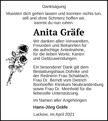 Traueranzeige von Anita Gräfe von Haff-Zeitung