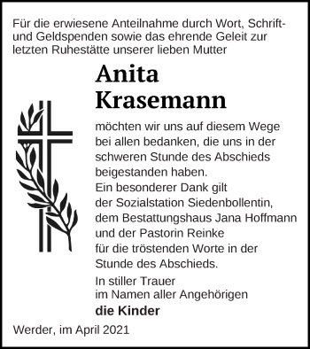 Traueranzeige von Anita Krasemann von Neubrandenburger Zeitung