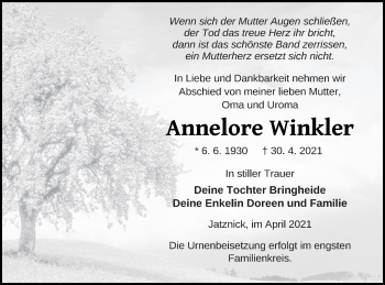 Traueranzeige von Annelore Winkler von Pasewalker Zeitung