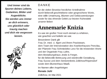 Traueranzeige von Annemarie Knizia von Prenzlauer Zeitung