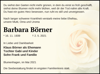 Traueranzeige von Barbara Börner von Pasewalker Zeitung