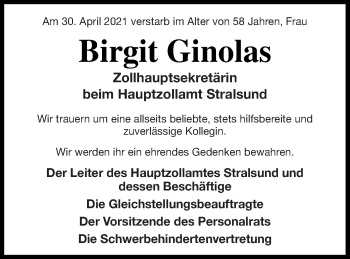 Traueranzeige von Birgit Ginolas von Pasewalker Zeitung