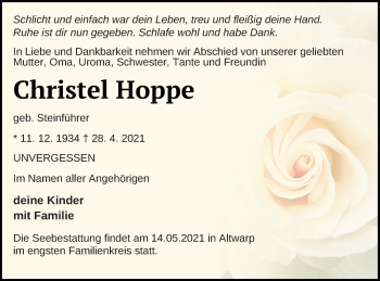 Traueranzeige von Christel Hoppe von Haff-Zeitung